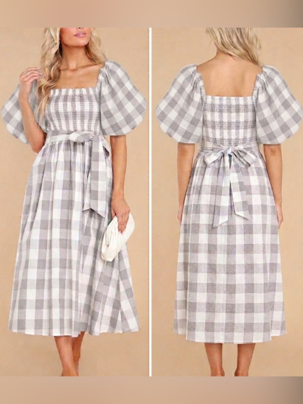 Aura NEW Anthropologie Smocked Gingham Midi Dress Puff Sleeves Pockets Large